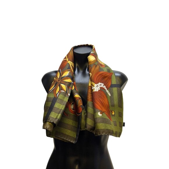 Burberry Floral & Geometric Green Multicolor Silk Scarf - Picture 4 of 6